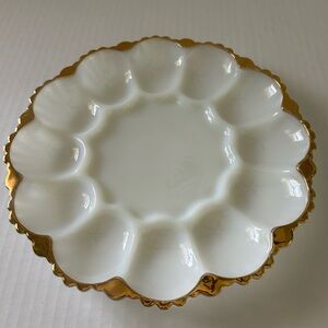Vintage Anchor Hocking Fire-King milk glass deviled egg plate with 22K gold trim